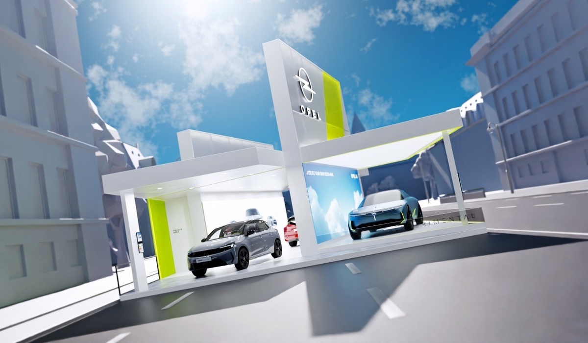 mid Groß-Gerau - Screens als Trennwände auf den Ständen unterstreichen den Ansatz, auf überflüssigen Exponate, Hintergründe oder Materialien zu verzichten. Opel / Stellantis