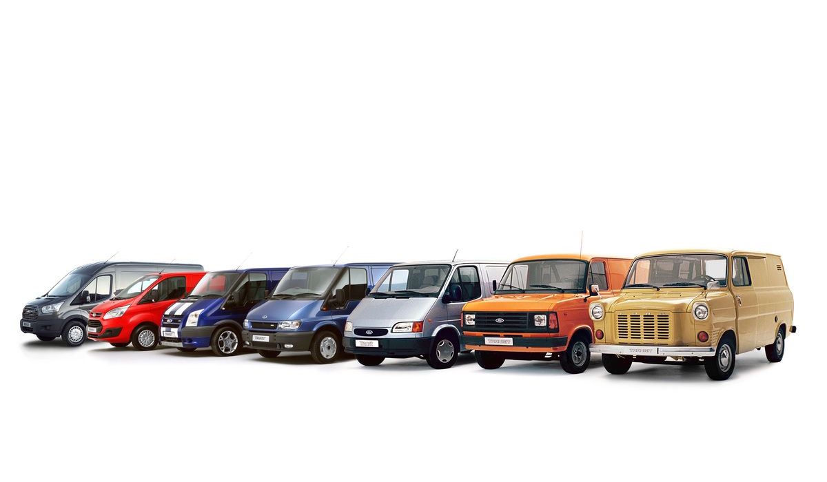 Sechs Generationen auf einen Blick – Der Transit befindet sich seit 1965 auf Wachstumskurs, im Format und im Absatzerfolg. Foto: Ford